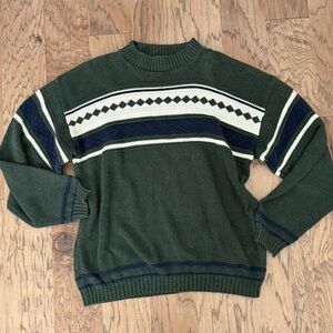 American Vintage Green Sweater with Navy and Cream Stripes